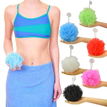 Imagem de Esponja de banho Star Brand NEVER UNRAVEL 6 unidades | Bolsa de malha de banho pesada 60 g com ventosa | Esponja e esponja de chuveiro grandes | Esfoliante de banho de longa duração e esfregões corporais, 6 Colors, 60g x 6 Pieces