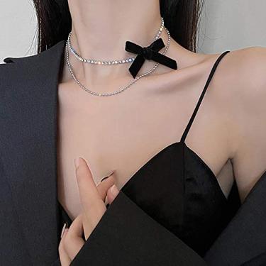 Imagem de Xerling Boho Dainty Black Bow Layered Gargantilha Colares em Camadas Pingente de Strass Feito à Mão Multicamadas Ajustável Corrente de Camadas Conjunto de Colares Banhados a Prata para Mulheres Menin