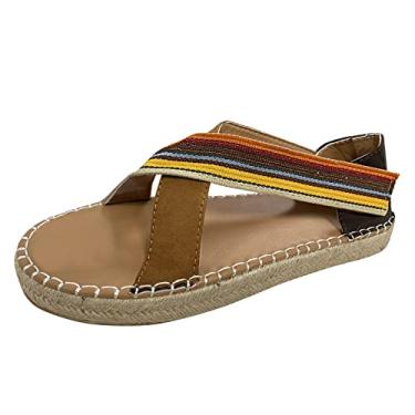 Imagem de Sandálias de lona de palha moda calçados de malha plataforma bloco de listras sandálias femininas tamanho 10 bico fechado (multicolorido, 39)