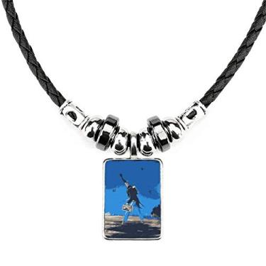 Imagem de DIYthinker Colar de ilustração grotesca com fundo azul de desenho animado joia Torque pingente de corda de couro