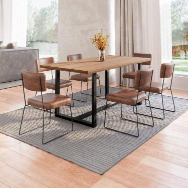 Imagem de Conjunto Mesa de Jantar Rústica de Madeira Maciça com 6 Cadeiras Aço Roma Marrom/Preto