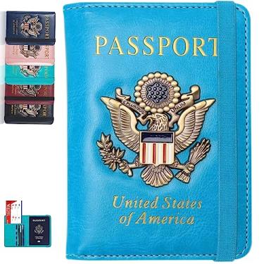 Imagem de Capa para passaporte, carteira de viagem, bloqueio de RFID, carteira de passaporte, organização de passaporte familiar, capa carteira personalizada para homens e mulheres, Azul claro, Suporte de passaporte e compartimento para cartão combo carteira personalizada