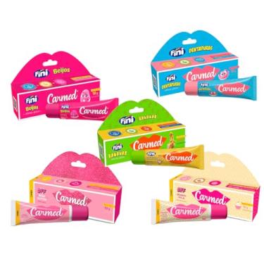 Imagem de Kit 5 Unidades Hidratante Labial Carmed Fini 1 Banana 1 Beijos 1 Dentadura 1 BFF Beijinhos 1 BFF Rosa Glitter Efeito Gloss 10g