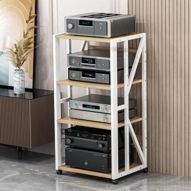 Imagem de Suporte de mídia AV móvel de 3/4/5 camadas Prateleira de canto Suporte para CD Player Gabinete de armazenamento de componentes estéreo Torre de rack de áudio com prateleiras de madeira ajust