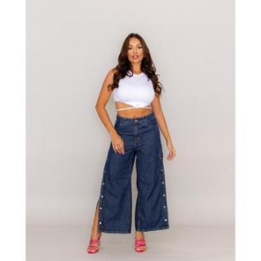 Imagem de CALÇA JEANS ESCURA FEMININA CROPPED FLARE COM BOTÕES NA BARRA-Feminino