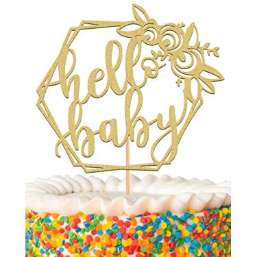 Imagem de MYAMPED Hello Baby Cake Topper - Suprimentos de decoração de bolo de aniversário de bebê dourado com glitter, perfeito para lembrancinhas de chá de bebê, revelação de gênero de bebê, festa de