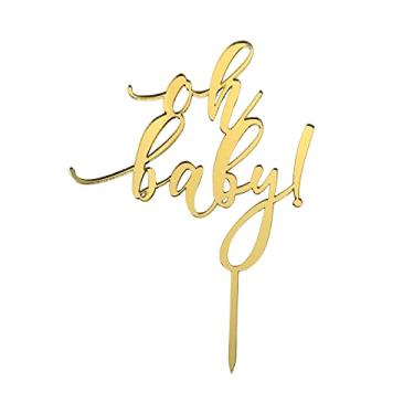 Imagem de Oh Baby, He or She, Baby Girl, Baby Boy Cake Topper - Acrílico dourado - Topo de bolo para chá de bebê para chás de bebê e festas reveladoras de gênero para meninos e meninas... (A - Ouro)