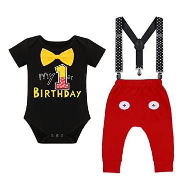 Imagem de IBTOM CASTLE Suspensórios para bebês meninos, fantasia extravagante de primeiro aniversário de bolo, gravata borboleta, orelha de rato, adereços para fotografia, Preto - 1º aniversário, 12-18 Meses