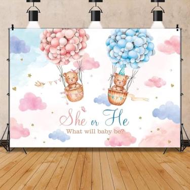 Imagem de BIENVENUE BABY™, Pano de fundo revelador de gênero de ursinhos de pelúcia, ele ou ela, o que será o bebê? Fundo fotográfico rosa e azul (grande (2,1 x 1,5 m))