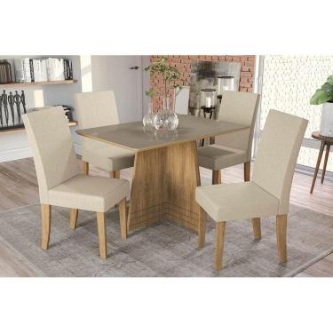 Imagem de Sala de Jantar Completa Lótus Tampo Madeirado c/ Vidro 120x80cm e 4 Cadeiras CAD131 Freijó/Bronze/Bege - Kappesberg