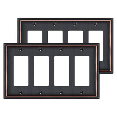 Imagem de Pacote com 2 capas de interruptor decorador quádruplo placa de parede, placa de interruptor basculante de bronze polido a óleo, placa de parede de 4 grupos para receptáculo, tomada GFCI, interruptor
