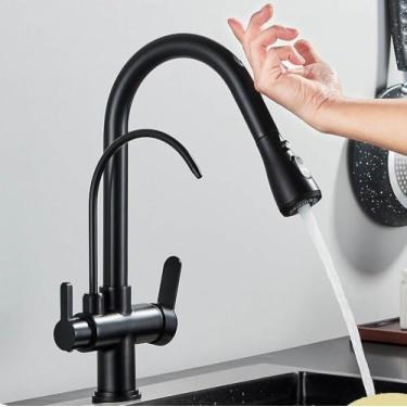 Imagem de Filtro de sensor de toque Torneira de cozinha de água Torneira de latão antigo Torneira misturadora com guindaste giratório de água pura para cozinha, preto fosco