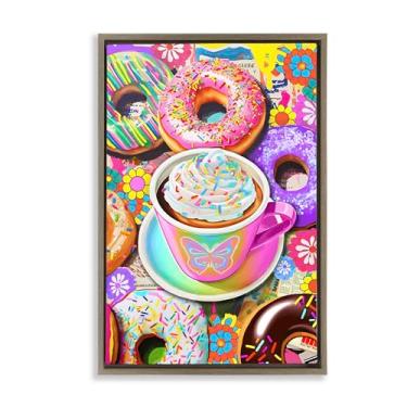 Imagem de Stupell Industries Donuts pastel e caneca de café emoldurada, tela flutuante, design de arte de parede por Jess Stempel, moldura flutuante marrom, 53 x 78 cm