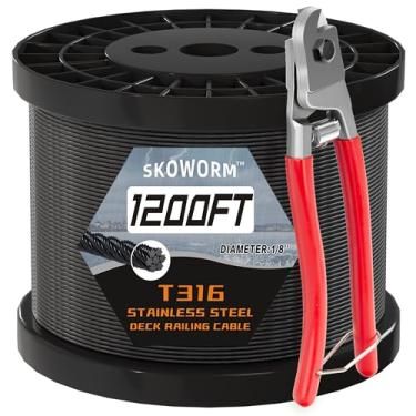 Imagem de Skoworm Trilhos de cabo de aço inoxidável preto 1200FT T316 com cortador, 1/8 cabo de corrimão de convés, corda de fio de aeronave, fio de corrimão de cabo para fuzileiro naval, corda de fio