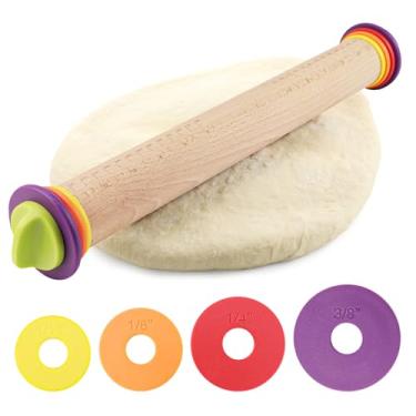 Imagem de ZJIVQO Rolo de massa de madeira de 43 cm, rolo de massa com 4 anéis de espessura ajustável, rolo graduado para assar, fondant, pizza, crosta, biscoitos, pastelaria