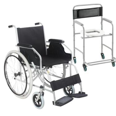 Imagem de Kit Cadeira de Rodas Dobrável com Cadeira de Banho, Capacidade 120kg, Assento 44cm, Estrutura em Aço Carbono, Preto