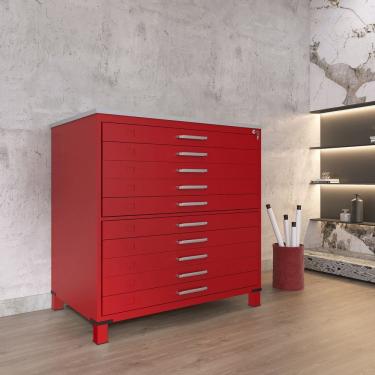 Imagem de Gaveteiro Mapoteca para Escritório de Aço Fixa com 10 Gavetas Industrial Vermelho/Cinza
