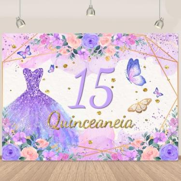 Imagem de Quinceanera 15º aniversário pano de fundo rosa roxo floral borboleta 15 quinze anos fundo roxo vestido de princesa decorações de aniversário de 15 anos para meninas faixa de 15 anos com glitter