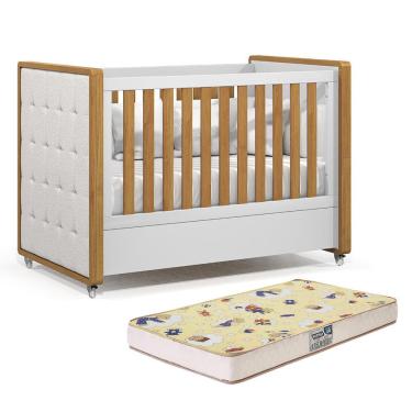 Imagem de Berço Americano Tutto New com Capitonê e Colchão Supreme - Matic Móveis Branco Soft/Freijó