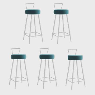 Imagem de Kit 05 Banqueta Alta Com Encosto Tais Eiffel Cozinha Bar Bistrô Ferro Branco Suede Azul Turquesa - Ahz Móveis