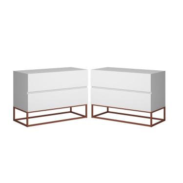 Imagem de Kit 2 Mesas de Cabeceira Branco 2 Gavetas e Pés De Ferro Cobre 60cm