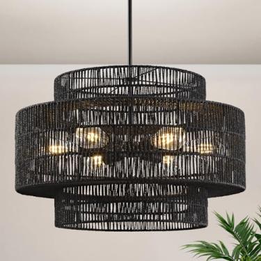 Imagem de InterMaka Lustre Grande De Vime Estilo Boho Preto De 24", Luminária Pendente Grande De 6 Luzes, Tecido À Mão, Estilo Rústico De Fazenda Para Cozinha, Quarto, Sala De Jantar, Sala De Estar, Corredor