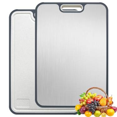 Imagem de Tábuas de corte para cozinha, tábuas de corte de titânio de aço inoxidável espesso, palha de trigo, PP, lavável na lava-louças, dupla face, tábuas grandes de corte de carne 38 x 25 cm