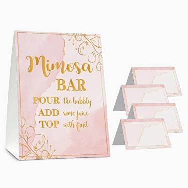 Imagem de Kit de suprimentos de bar Mimosa - placa de barra de mimosa rosa aquarela - cartões elegantes de mesa de folha dourada - chá de panela, festa de aniversário, bar borbulhante, decoração de festa de noivado / despedida de solteira (02)