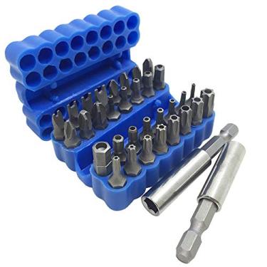 Imagem de Conjunto de 34 peças de chaves de fenda com suporte de broca de extensão magnética, FineGood Security Anti-adulteração SAE Metric Hex Tri-Wing Torq Spanner Star Bit - Azul