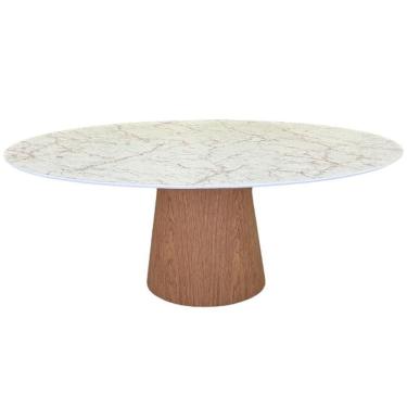 Imagem de Mesa De Jantar Cone Oval 180x100 Cm Tampo Marmorizado Calacata Bronze - Base Freijó Marrom