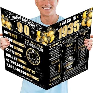 Imagem de WinSmile Cartão de aniversário jumbo 90 com envelope, decorações de aniversário retrô em ouro preto para mulheres e homens, presentes de aniversário engraçados de 90 anos para avó e vovô, em 1935