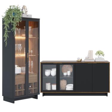 Imagem de Kit para Sala de Jantar com Cristaleira Led e Buffet Aparador Porta Vidro Preto Colibri