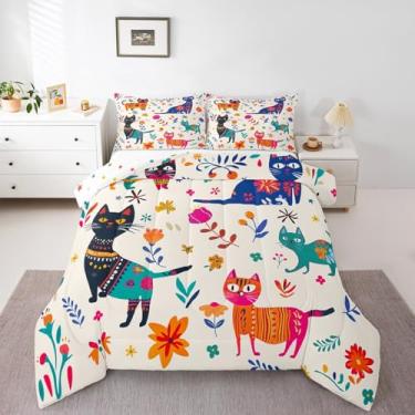 Imagem de Erosebridal Jogo de cama King com estampa de gato e flores, desenho kawaii, para crianças, adolescentes, animais de estimação, floral, conjunto de edredom kawaii, estilo desenhado à mão, com 2 fronhas