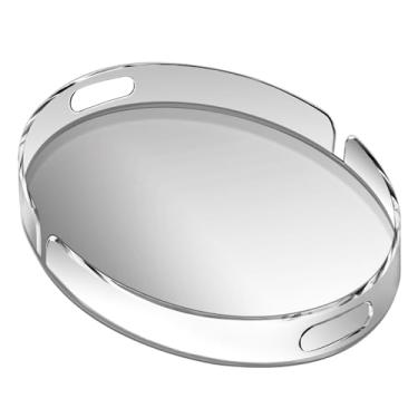 Imagem de Bandeja de servir de acrílico com alças grande bandeja decorativa para otomana 43 x 33 cm redonda para banheiro, comida, café, frutas, lanche, chá, jantar, sala de estar, transparente
