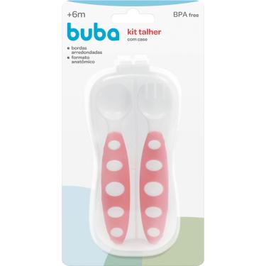 Imagem de Colher Infantil Buba Rosa 1 Unidade + Garfo Infantil Buba Rosa 1 Unidade + Case