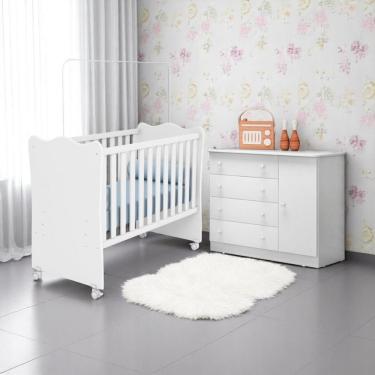 Imagem de Conjunto Infantil Doce Sonho Branco/branco: Berço Doce Sonho Kit Rodízios Cômoda Doce Sonho Guarda-roupa Doce Sonho
