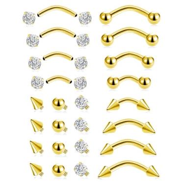 Imagem de Akeoqi Piercing de sobrancelha, 12 peças, aço inoxidável 16G, zircônia cúbica, barra curvada, vertical, labret, sobrancelha, tragus, hélice, piercing de língua, umbigo, lábio, para mulheres e homens