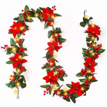 Imagem de Bravo West Guirlanda De Natal Com Luzes, Decoração Interna, Artificial, Pré-Iluminada, Para Árvore, Lareira, Escada, 6 Pés, Poinsétias, Folhas Azevinho, Frutas Vermelhas