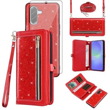 Imagem de Asuwish Capa de celular para Samsung Galaxy A56 5G Carteira com zíper destacável com protetor de tela transversal alça de cordão Bling Glitter Flip porta-cartões A 56 56A LTE mulheres homens meninas