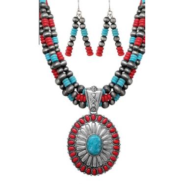 Imagem de Rosemarie & Jubalee Conjunto de brincos de colar de pérolas metálicas ocidentais com pingente de concho howlita prata polida declaração chique cowgirl feminino, 50,8 cm + 7,6 cm extensor, One Size