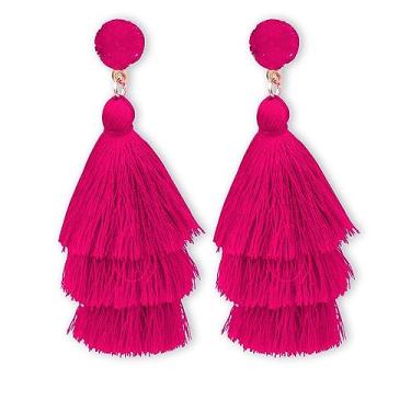 Imagem de Brincos de borla em camadas, 3 camadas, com franja em leque, brincos rosa choque para e Dia das Mães, Latão, Sem pedra preciosa