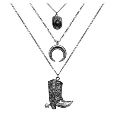 Imagem de RechicGu Colar feminino boho caubói em camadas para mulheres cabeça de touro lua crescente cowboy bota pingente pingente colar ocidental joias para concertos country roupas, Zinco, Sem Pedra Preciosa