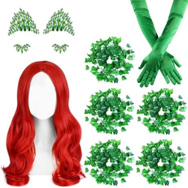 Imagem de 8 peças de fantasia feminina verde veneno de hera falsa inclui peruca vermelha, luvas longas de cetim, vinhas artificiais e joias faciais para cosplay de personagens vilões