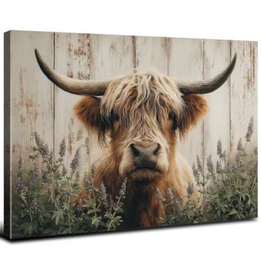 Imagem de Linda arte de parede de vaca Highland decoração de casa de fazenda animal de fazenda natureza arbusto imagem de paisagem para banheiro Western Country Longhorn gado impressões de bezerro escocês arte