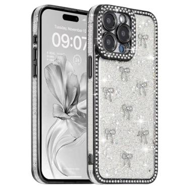 Imagem de FABSPARK Capa para iPhone 16 Pro Max, laço de fita prateada 3D, brilhante, brilhante, brilhante, brilhante, brilhante, transparente, macio para iPhone 16 Pro Max - laço preto/prata