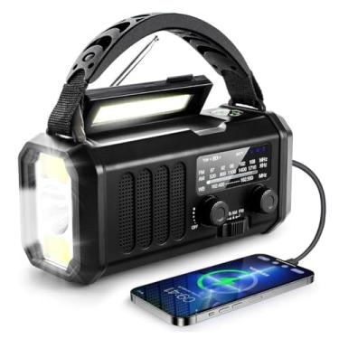 Imagem de Rádio meteorológico de emergência, lanterna movida a energia solar, bússola, manivela, várias fontes de alimentação, lanterna de emergência SOS (Preto)