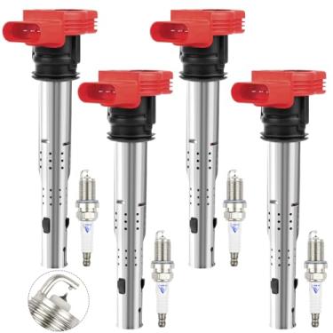Imagem de Pacote de bobina de ignição UF529 e velas de ignição de irídio duplo x4, compatível com Audi A3 A4 A5 A6 A7 Q7 R8 S4 TT 2005-2016 Volkswagen Golf VW Jetta MK5 MK6 GTI Rabbit Passat CC OEM # 06E900