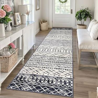 Imagem de KUTA Tapete marroquino lavável, 6 x 25 cm, antiderrapante, vintage, preto, azul marinho, boho, corredor, cozinha, ultramacio, geométrico, para quarto, lavanderia, sala de estar