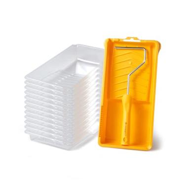 Imagem de Voomey Bandeja de rolo de pintura de 10 cm - pacote com 12 forros de plástico e 1 moldura de rolo, conjunto de bandeja de pintura de 10 cm, para decoração de casa, pintura de paredes e móveis