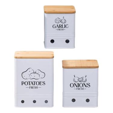 Imagem de Generic Conjunto de 3 recipientes para armazenamento de batata, cebola e alho, resistente, multiuso, empilhável, com tampas de madeira, latas para
